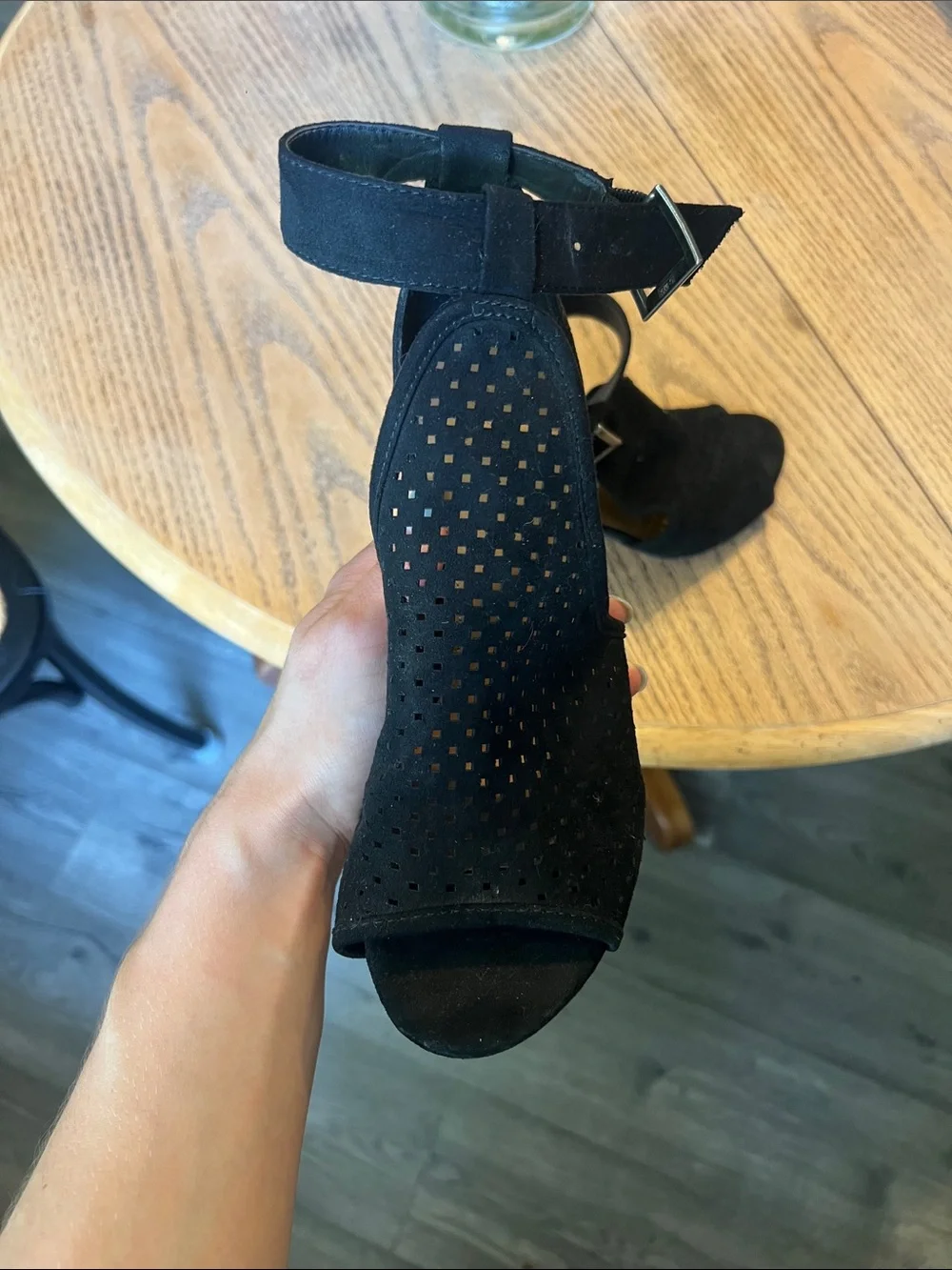 Universal Thread Black Perforated Suede Open-Toe Block Heel Sandals